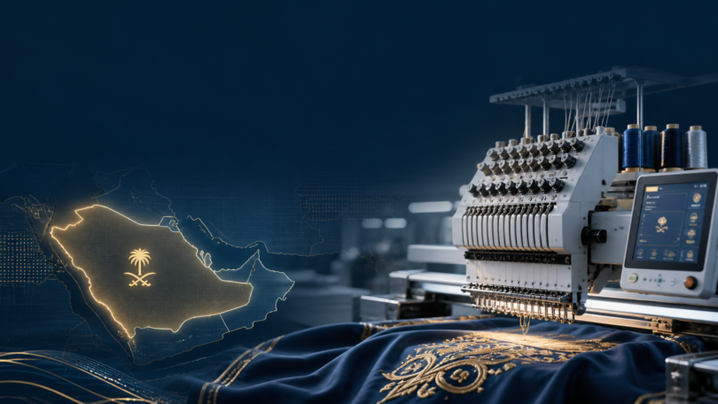 أفضل وكلاء بيع ماكينات التطريز في السعودية ودول الخليج لعام 2026 مع عرض لماكينة تطريز حديثة وخريطة الخليج