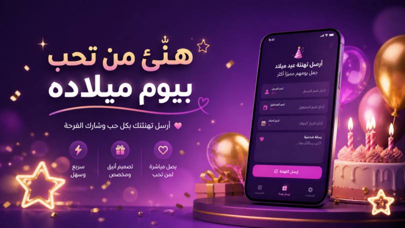 أنشئ وأرسل تهنئة عيد ميلاد مخصصة بسهولة عبر أداتنا المجانية. أضف الاسم والتاريخ ورسالة خاصة وشاركها فورًا عبر واتساب أو وسائل التواصل.