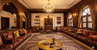 مجلس تراثي خليجي فخم بتصميم عربي اصيل مع وسائد ملكية وديكورات شعبية تقليدية