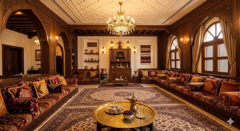 مجلس تراثي خليجي فخم بتصميم عربي اصيل مع وسائد ملكية وديكورات شعبية تقليدية