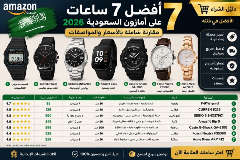 أفضل ساعات على أمازون السعودية مع مقارنة الأسعار والمواصفات لعام 2026