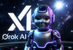 صورة غلاف Grok AI 2026 - روبوت ذكاء اصطناعي مستقبلي أنيق بتصميم نيون أزرق وأرجواني