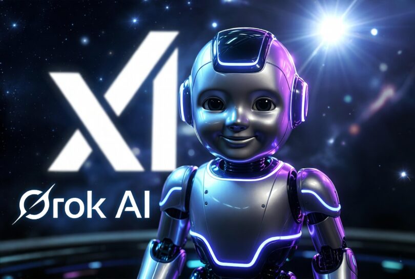 صورة غلاف Grok AI 2026 - روبوت ذكاء اصطناعي مستقبلي أنيق بتصميم نيون أزرق وأرجواني
