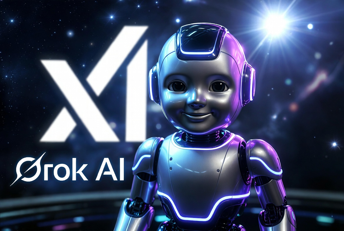 صورة غلاف Grok AI 2026 - روبوت ذكاء اصطناعي مستقبلي أنيق بتصميم نيون أزرق وأرجواني