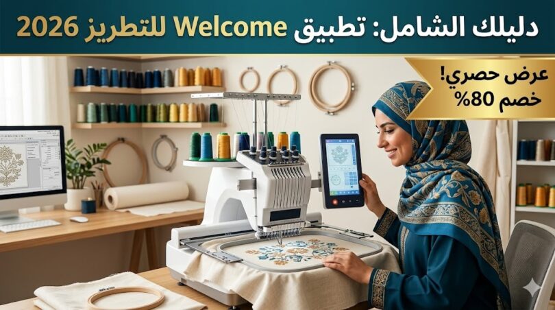 واجهة تطبيق Welcome للتطريز 2026 لتصميم التطريز الاحترافي